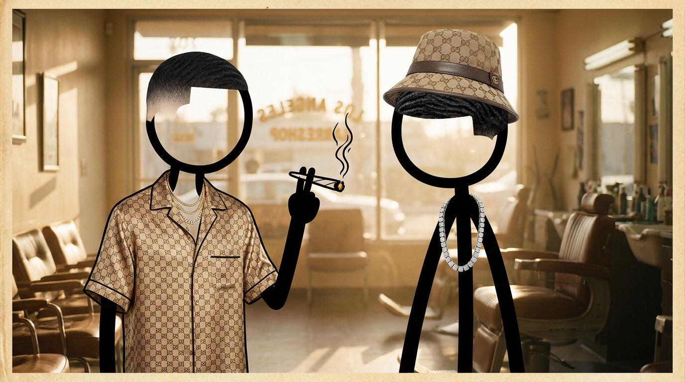 Stick Figure Wrld editorial sample — a stylized Black character with bold drip and editorial lighting.